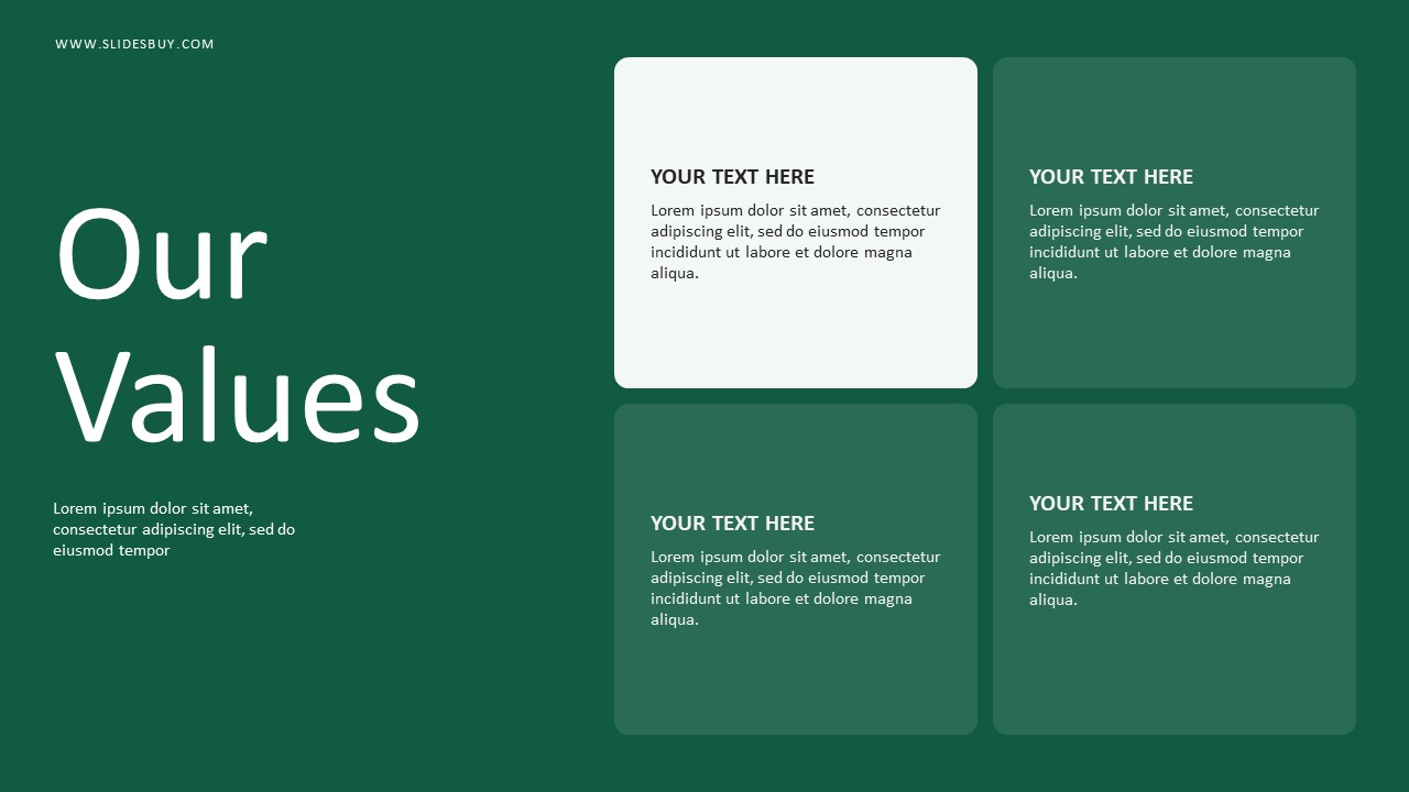Our Values PowerPoint Slide Template - Modern Green Business Presentation Design